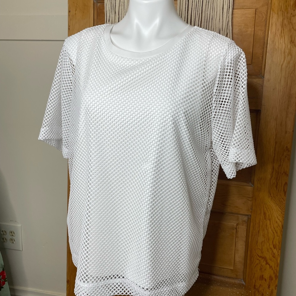 Banana Republic White Mesh Layered Short Sleeve Crewneck Blouse - Picture 7 of 16